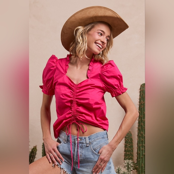 BiBi Ruffled Square Neck With Front Ruched Puff Sleeve - Picture 1 of 6